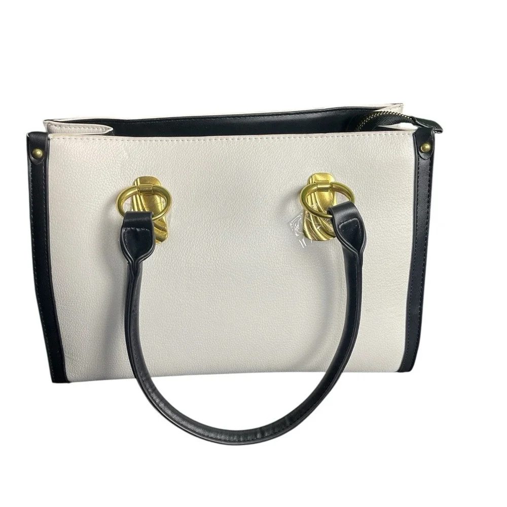 NWOT Grossi White Handbag with Black Trim Gold Hardware Structured Purse Kelly